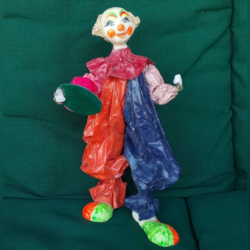 10" Vintage Papier Mache Clown figure w/neon face paint